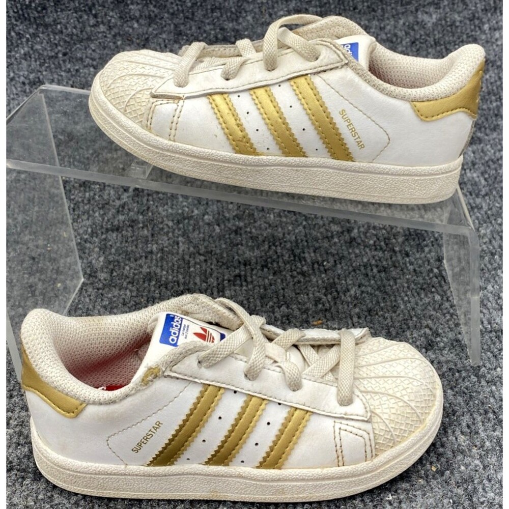 Adidas Kids' Superstar Sneakers Shoes US 9K White Gold Stripes Shell Toe B39401